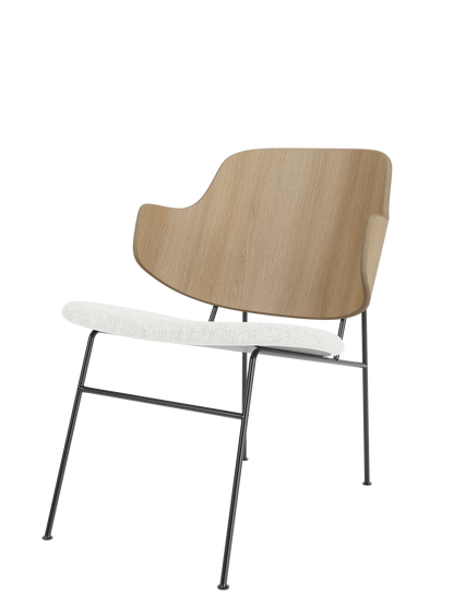 A side view of The Penguin Lounge Chair, with a natural oak backrest, white upholstered seat and a slender black metal frame.