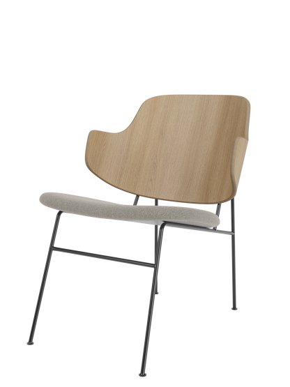 The Penguin Lounge Chair with a natural oak veneer back, a light grey upholstered seat, and a thin black steel frame.