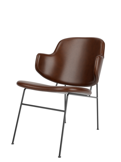 A three-quarter view of The Penguin Lounge Chair, fully upholstered in smooth brown leather with a slender black steel frame.