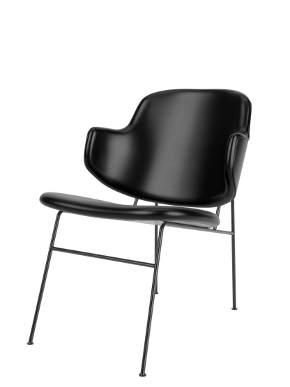Three-quarter view of The Penguin Lounge Chair, fully upholstered in black leather with a black powder-coated steel frame.