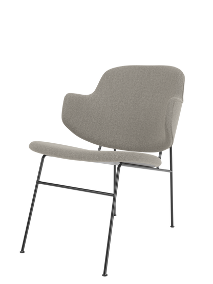 A three-quarter view of The Penguin Lounge Chair, Fully Upholstered in a light grey Re-Wool fabric with a black metal frame.