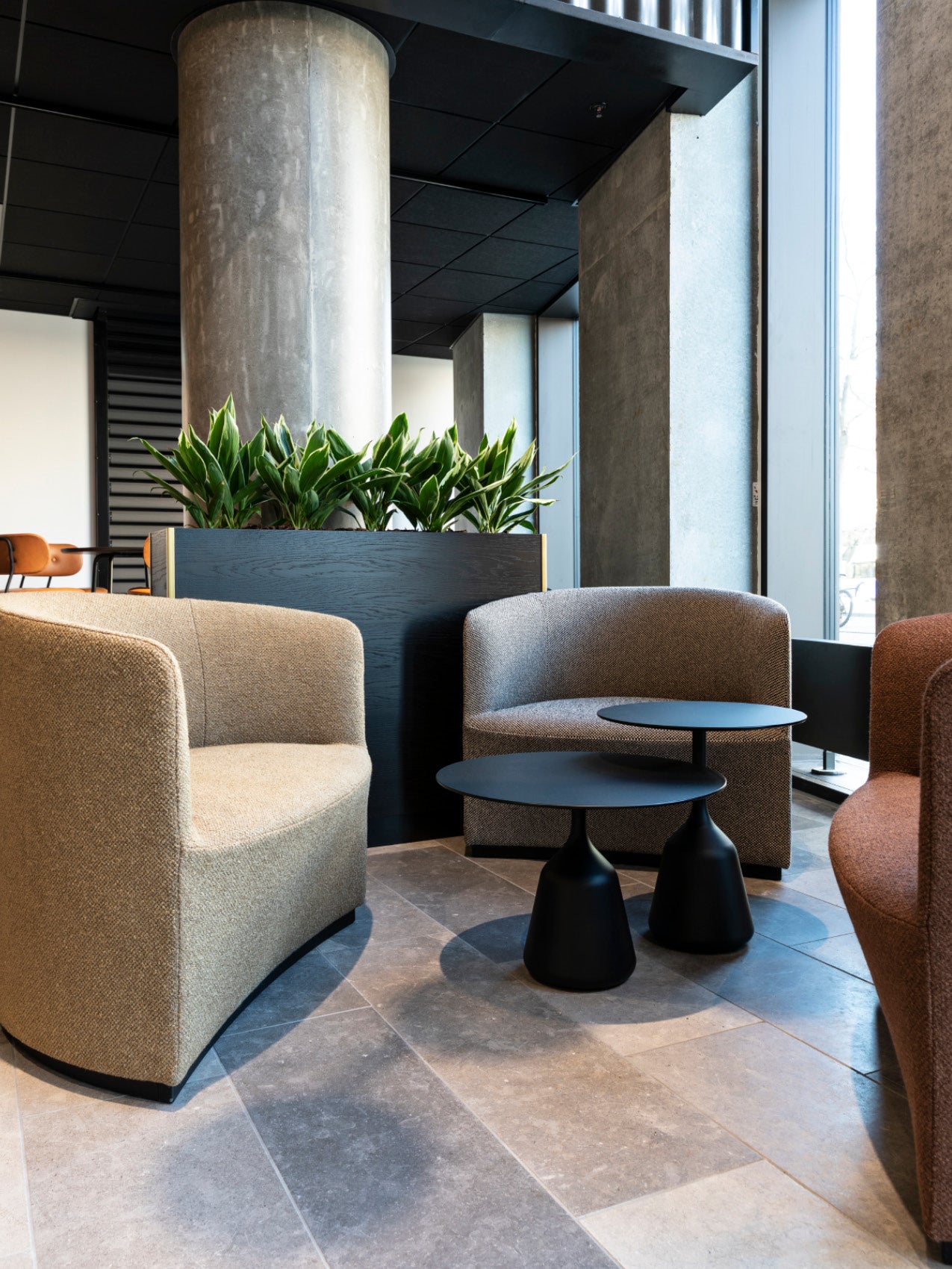 Modern lounge with curved beige and brown upholstered armchairs, black nested round side tables and a black planter of green