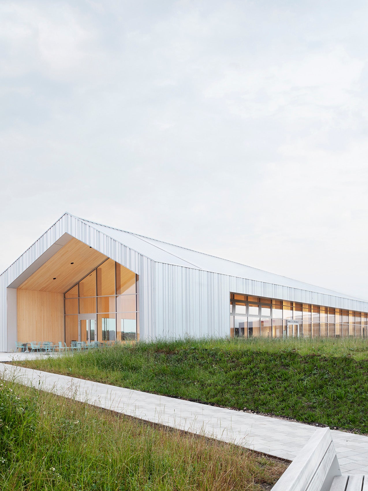 Minimalist long white metal building with pitched roof, large glass façade and warm wood-lined entrance, grassy foreground