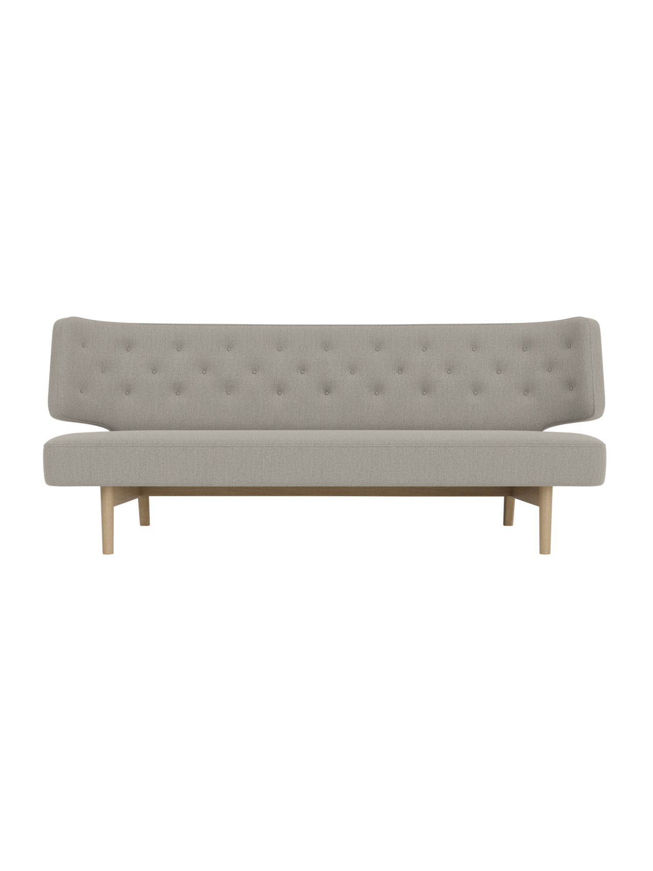 Front view of the Radiohus Sofa P2 in light grey Re-wool 218 upholstery with a button-tufted back and natural oak frame.