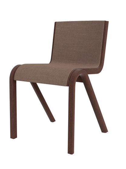 A side view of the Ready Dining Chair, Front Upholstered. The chair features a red-stained oak frame and brown canvas fabric.