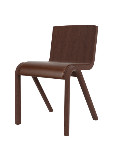 A three-quarter view of the Ready Dining Chair with an upholstered seat, red-stained oak frame and brown upholstery.