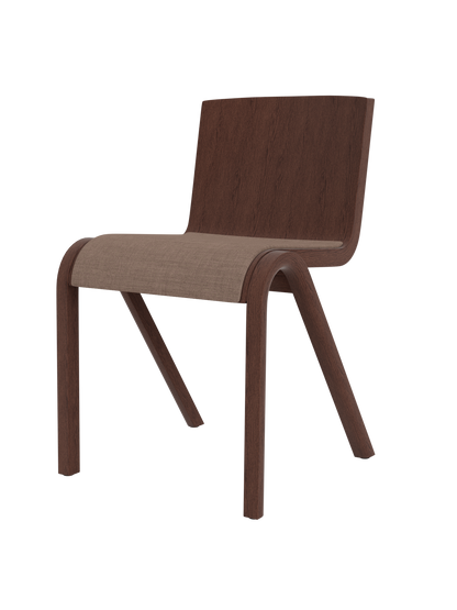 Ready Dining Chair, Seat Upholstered, in red stained oak with a light brown canvas upholstered seat, on a black background.