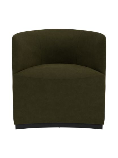 Front view of the sculptural Tearoom Club Chair, upholstered in a soft, dark olive-green fabric on a recessed dark base.