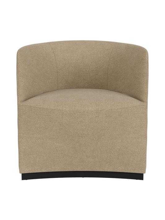 A front view of the Tearoom Club Chair, fully upholstered in a textured beige Audo Bouclé 02 fabric on a dark, recessed base.