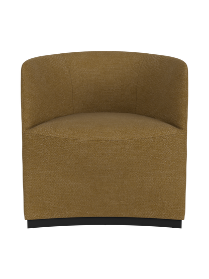 A frontal image of the Tearoom Club Chair upholstered in textured mustard-yellow Audo Bouclé 06 on a black background.