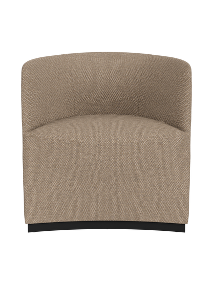 A front-on view of the Tearoom Club Chair, fully upholstered in a textured, light brown fabric called Logan Flint.