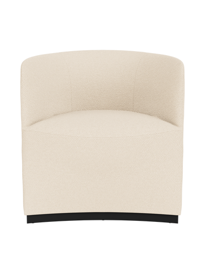 A front view of the Tearoom Club Chair upholstered in a textured, light cream Logan Jasmine fabric, on a recessed dark base.