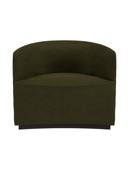 Front view of the Tearoom Lounge Chair in dark olive-green fabric. It has a curved backrest and a thick, comfortable seat.