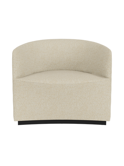 Front view of the Tearoom Lounge Chair upholstered in a light beige Savanna 202 fabric, with a curved back on a dark base.