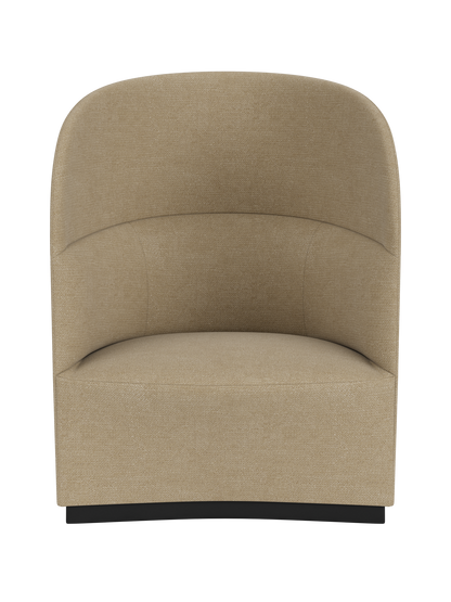 Front view of the Tearoom Lounge Chair, High Back upholstered in light brown Audo Bouclé 02, set against a black background.