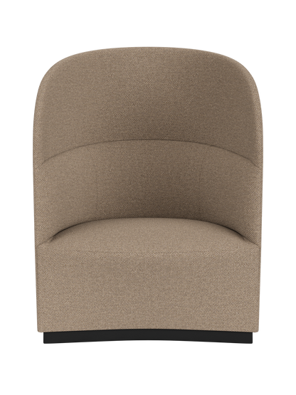 A front-on view of the Tearoom Lounge Chair, High Back, upholstered in textured Logan Flint fabric on a black base.