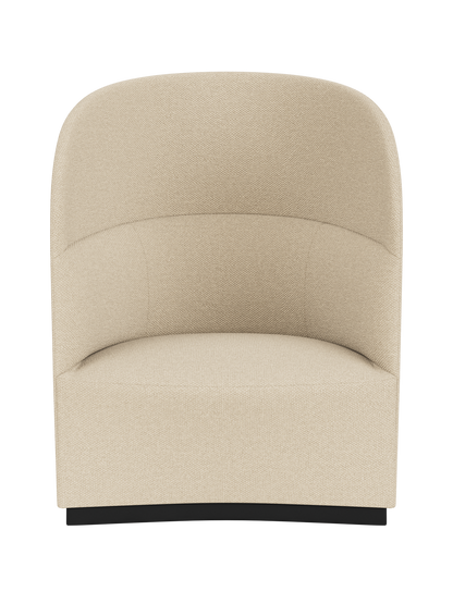 A front view of the Tearoom Lounge Chair, High Back, upholstered in textured Logan Sand fabric against a black background.