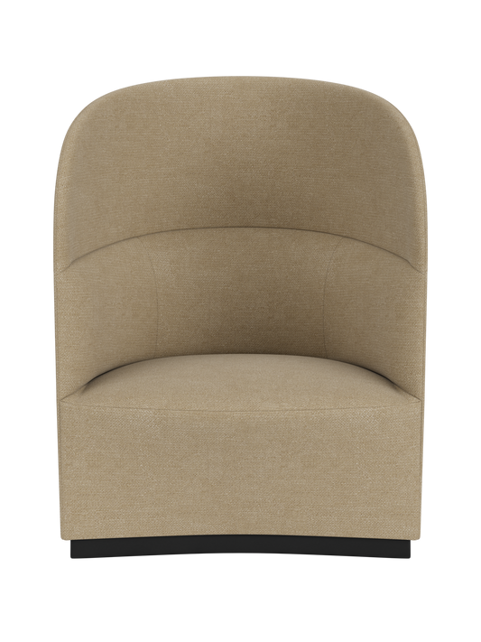 Front view of the Tearoom Lounge Chair, High Back, upholstered in beige Audo Bouclé 02 fabric, against a black background.