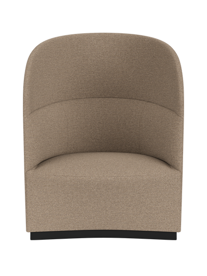 Front view of the Tearoom Lounge Chair, High Back, in textured, grey-brown Logan Flint fabric on a black background.