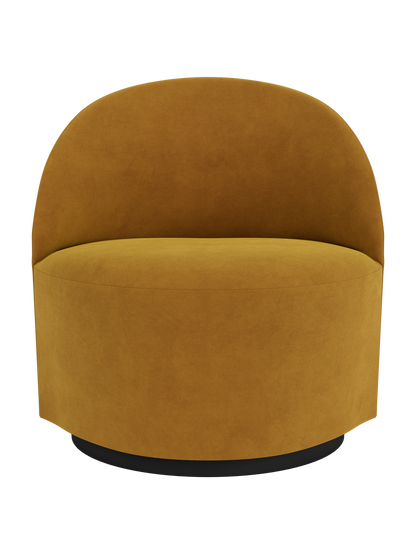 Tearoom Lounge Chair, Swivel w/Return in a mustard-yellow fabric, featuring a curved back and a black swivel base.