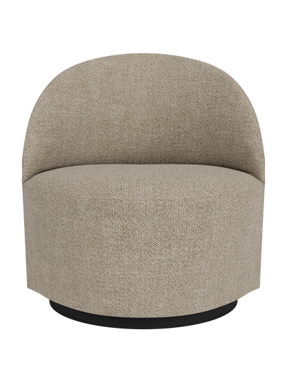 Front view of the Tearoom Lounge Chair, Swivel w/Return, upholstered in a light brown textured fabric on a dark plinth base.