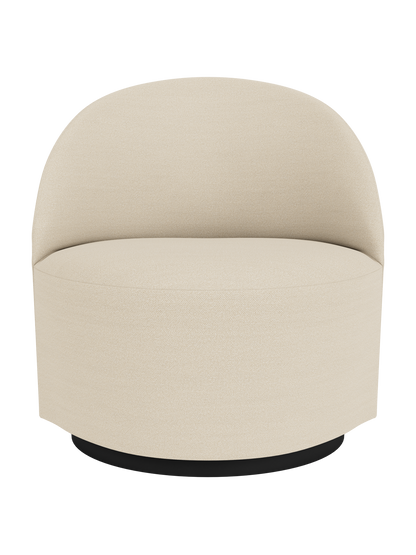 A front view of the Tearoom Lounge Chair, Swivel w/Return, upholstered in light beige Hallingdal 200 fabric on a black base.