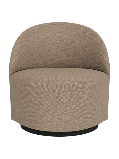 Front view of the Tearoom Lounge Chair, Swivel w/Return in textured, light brown Logan Flint fabric on a black base.