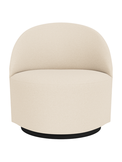 Front view of Tearoom Lounge Chair, Swivel w/Return in a textured, light cream Logan Jasmine fabric on a black swivel base.