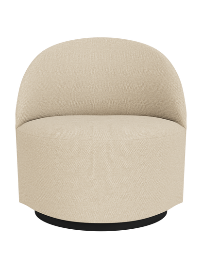 Front view of the Tearoom Lounge Chair, Swivel w/Return, upholstered in Logan Sand fabric with a rounded back and base.
