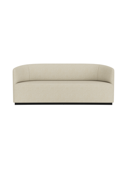 A front-on view of the Tearoom Sofa upholstered in a light beige, textured Savanna 202 fabric against a black background.
