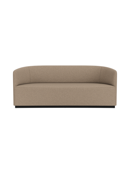 Front view of the Tearoom Sofa in textured Logan Flint fabric, featuring continuous curved back and arms on a recessed base.