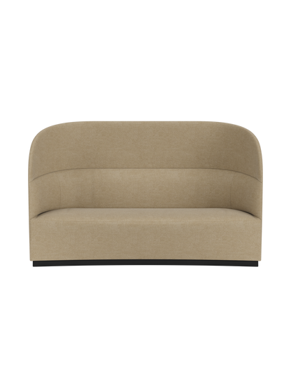 Front view of the Tearoom Sofa, High Back in a sandy-coloured Audo Bouclé 02 fabric, against a solid black background.