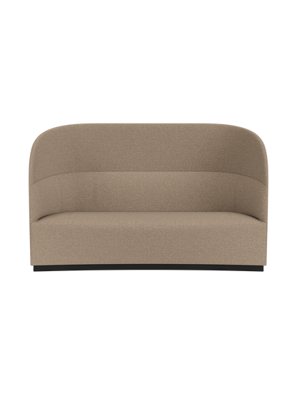A front view of the Tearoom Sofa, High Back, upholstered in a textured Logan Flint fabric, shown against a black background.