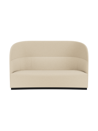 Front view of the Tearoom Sofa, High Back in sand Logan upholstery, featuring a high, curved back and a dark plinth base.
