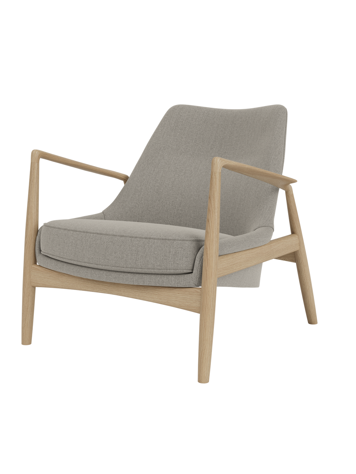 The Seal Lounge Chair, Low Back, with a natural oak frame and textured light grey Re-wool fabric, viewed from an angle.