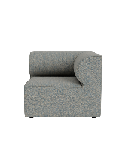 A front view of the Eave Modular Sofa, 86, Corner module, upholstered in a textured grey-blue fabric on a black background.