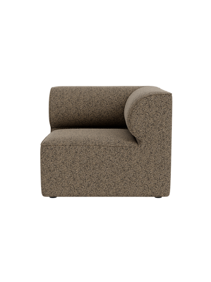 Front view of the Eave Modular Sofa 86 Corner upholstered in a brown and black textured fabric against a black background.