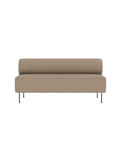 Front view of the minimalist Eave Dining Sofa upholstered in light brown Logan Flint fabric, with slender metal legs.