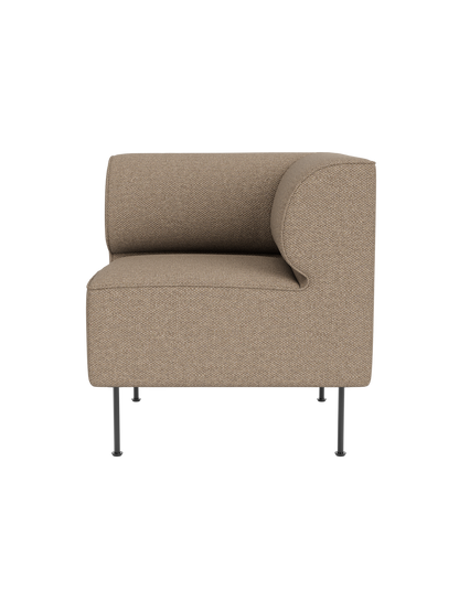 Front view of the Eave Dining Sofa Corner module upholstered in light brown, textured Logan Flint fabric on slim black legs.