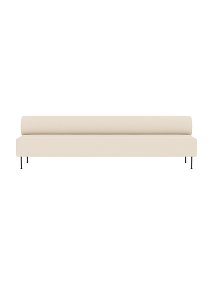 Front view of the Eave Dining Sofa, upholstered in cream-coloured Logan Jasmine fabric, with a low back and thin black legs.