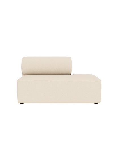 A top-down view of the Eave Modular Sofa, 86, Open End module in a light beige Logan Jasmine fabric, on a black background.