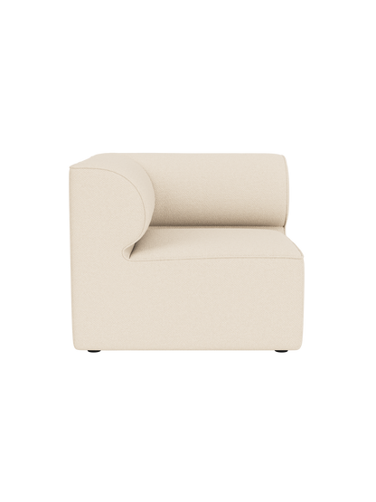 Top-down view of the Eave Modular Sofa, 86, Corner in light beige Logan Jasmine fabric, isolated on a black background.
