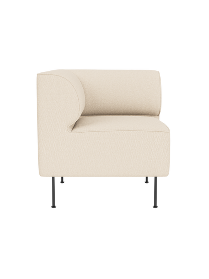 Eave Dining Sofa, Corner module upholstered in light cream Logan Jasmine, with a curved backrest and slender black legs.