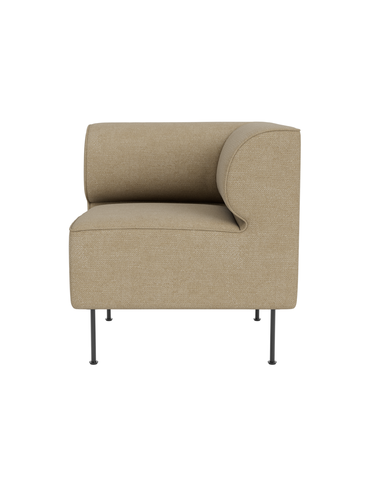 Front view of the Eave Dining Sofa Corner module upholstered in light brown, textured Audo Bouclé 02 with slender legs.