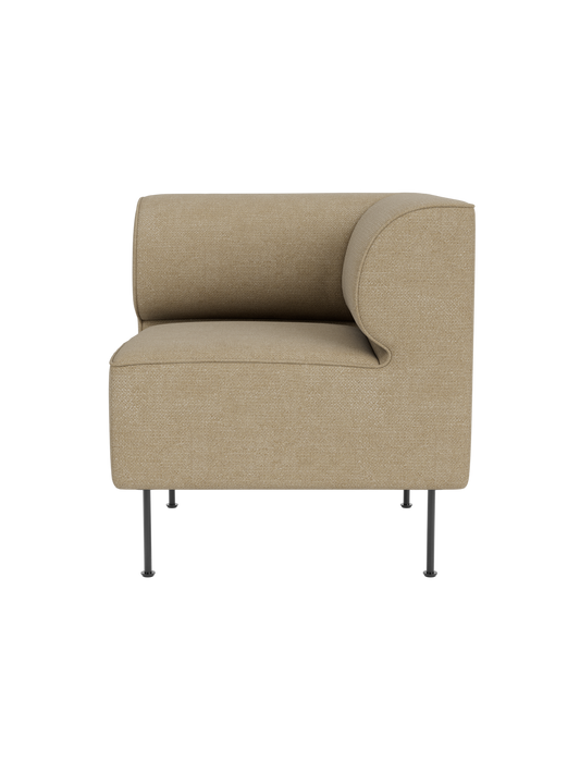 Front view of the Eave Dining Sofa Corner module upholstered in light brown, textured Audo Bouclé 02 with slender legs.