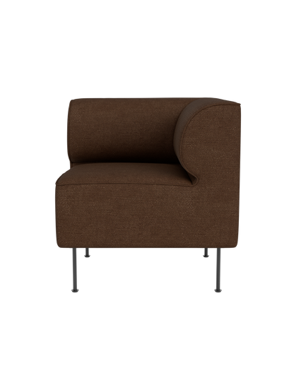 Front view of the Eave Dining Sofa, Corner module, upholstered in brown Audo Bouclé 07 fabric with slender metal legs.