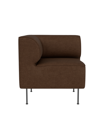 Eave Dining Sofa, Corner module, upholstered in brown Audo Bouclé 07 fabric, showing its curved backrest and slim metal legs.