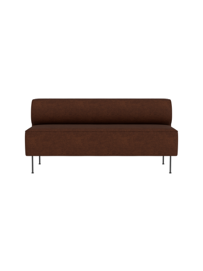 Eave Dining Sofa in Audo Bouclé 08. A front view of the minimalist sofa with textured brown fabric and slender metal legs.