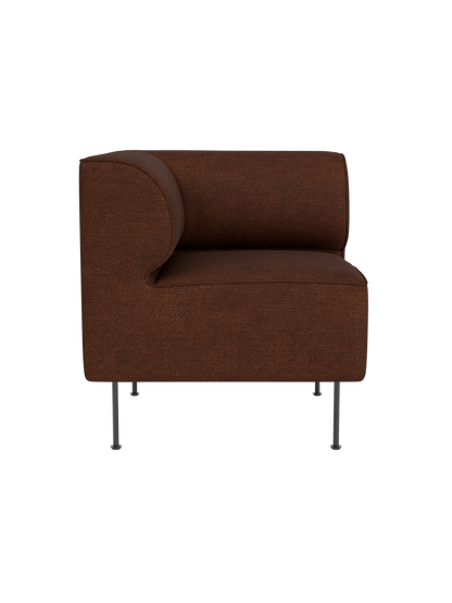 Front view of an Eave Dining Sofa Corner module in textured brown Audo Bouclé 08 with a curved back and slim metal legs.