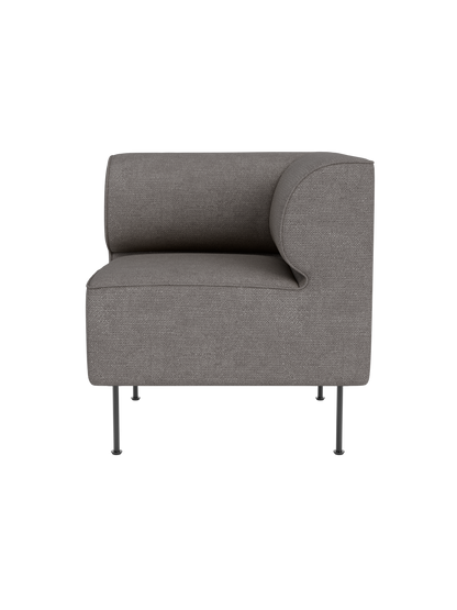 Front view of the Eave Dining Sofa, Corner module, in grey Audo Bouclé 16 fabric, showing its rounded corner and slim legs.